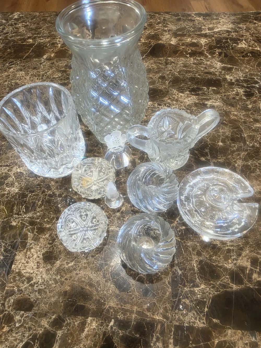 Source Unknown Clear Cut Glass Vase and Assorted Decorative Trinkets